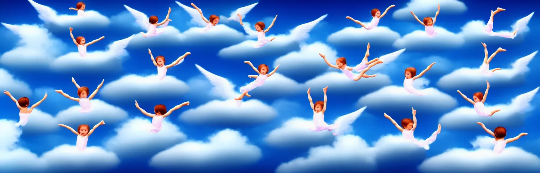 Image similar to multiple beautiful angels swimming in the cloud in acrobatic poses; dreamy sky, ultrarealistic, photorealistic, 8K