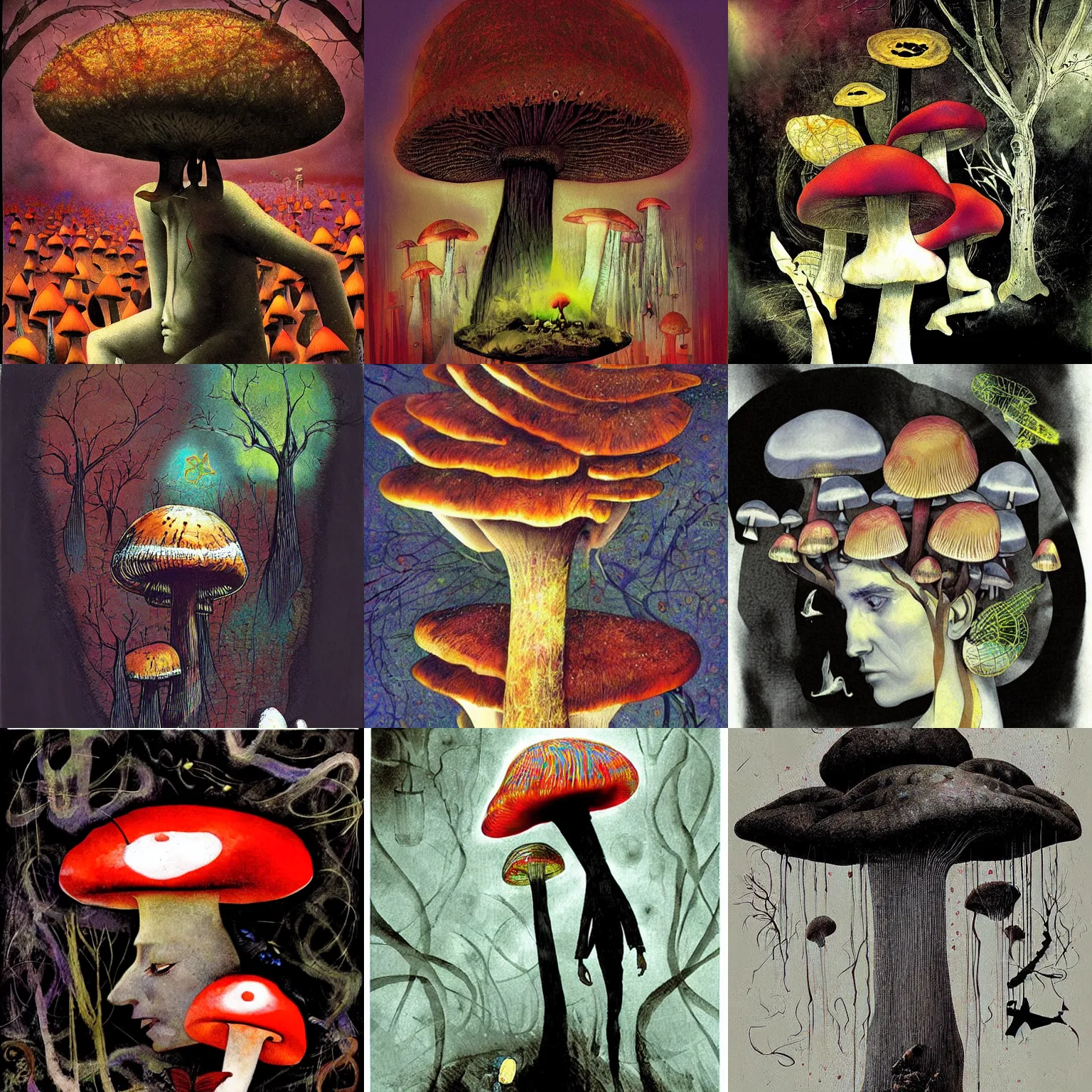 Image similar to psychedelic mushrooms psilocybin dream, no fears, okay one fear, by dave mckean