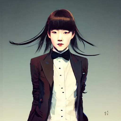 Image similar to portrait of a beautiful korean girl wearing a men's tuxedo, with bangs, very long hair and bangs, angular features, angry expression, dramatic lighting, illustration by Greg rutkowski, yoji shinkawa, 4k, digital art, concept art, trending on artstation