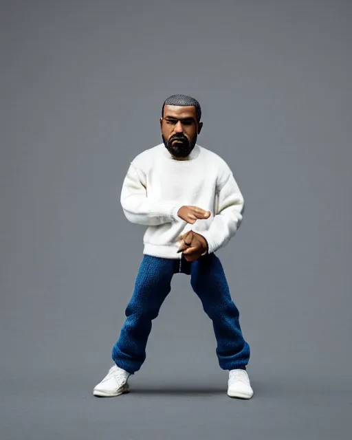 Prompt: 1970s action figure of Kanye West, product photography, plastic toy, white background, isolated background, studio lighting
