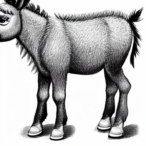 Image similar to cute cheerful a donkey walking, colouring - in sheet, concept design, character art, sharp focus, highly detailed