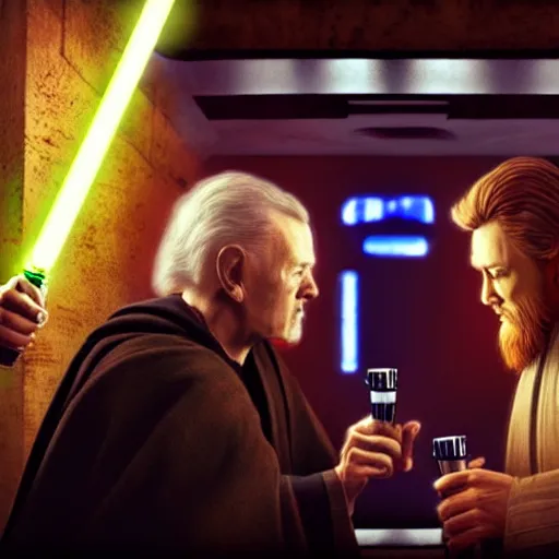 Image similar to star wars palpatine and obi wan drin beer in a sci - fi bar, movie still, screenshot, photorealistic painting, fanart, highly detailed