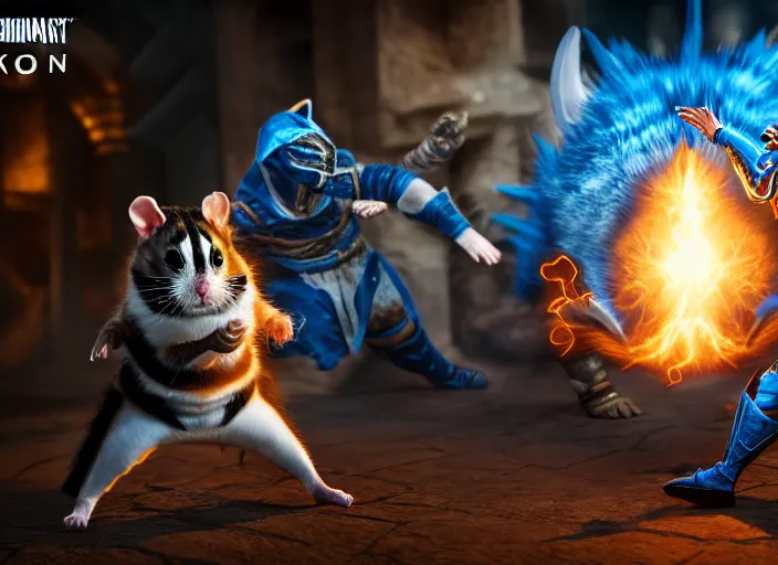 Image similar to hamster dressed as sub zero fights a cat dressed as scorpion in mortal kombat on the background of a laughing shao khan. fantasy magic style. highly detailed 8 k. intricate. lifelike. soft light. sony a 7 r iv 5 5 mm. unreal engine with nanite and path tracing