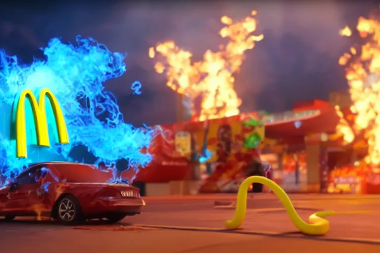 Image similar to a mc donalds commercial with a 3d snake spitting blue fire which is revealing french fries, commercial, 3d render, Mc donalds, 4k, sharp, by Beeple, Octane Render, cinema 4d