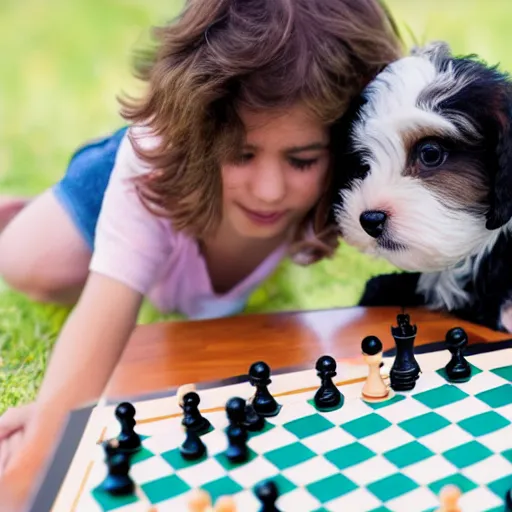 Prompt: light brown and black havanese puppy playing chess against a young girl