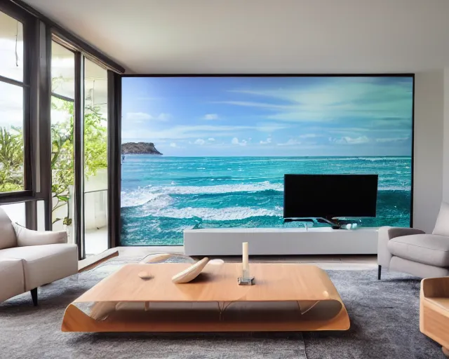 Image similar to A modern living room inspired by the ocean, a luxurious wooden coffee table with large seashells on it, 100 inch television, amazing detail, 8k resolution, blue color, calm, relaxed style, harmony, wide angle shot