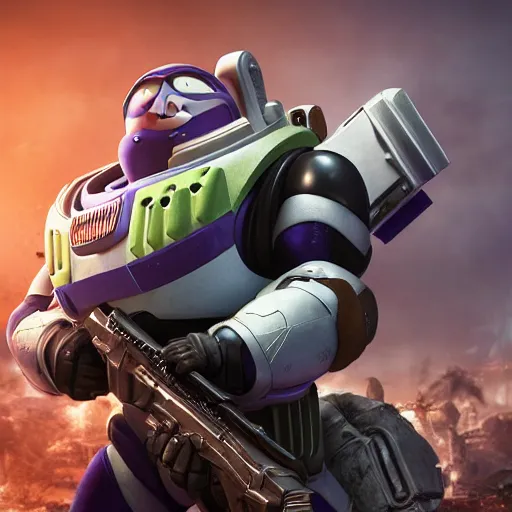 Image similar to Buzz Lightyear as a soldier shooting in 'Gears of War', splash art, movie still, cinematic lighting, detailed face, dramatic, octane render, long lens, shallow depth of field, bokeh, anamorphic lens flare, 8k, hyper detailed, 35mm film grain