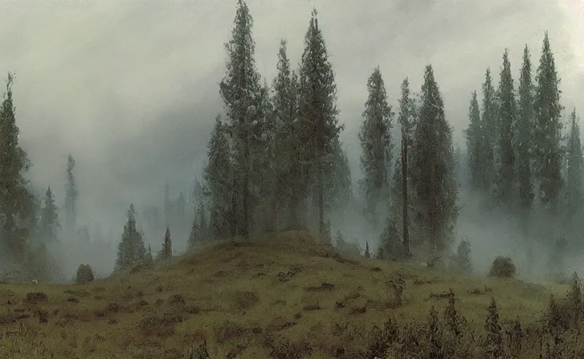 Image similar to Hagrid's hut landscape, early evening, mist, matte painting, dark forest, by Isaac Levitan and Vasily Perov