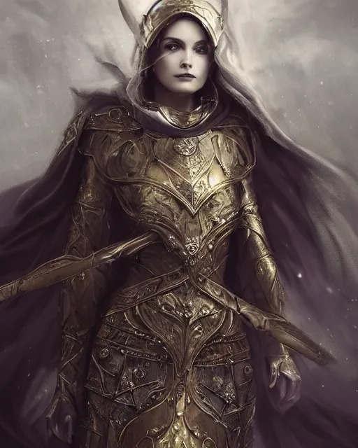 Image similar to a portrait of a muse of beauty, Elspeth Knight Errant, long flowing cape and cowl, silver and gold heavy armor, long magical staff with ruby gems, young female face, rune magic, cinematic top lighting, insanely detailed and intricate, face by wlop, Charlie Bowater, golden ratio, symmetric, elegant, ornate, luxury, elite, matte painting, MTG, magic the gathering, cinematic, cgsociety, 8k, high resolution, trending on artstation, deviantart and pinterest