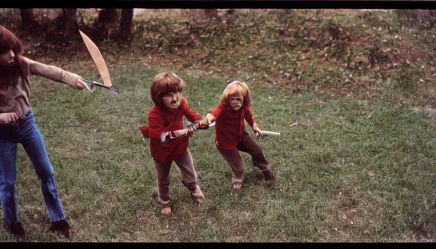 Image similar to 7 0 s film still from a horror movie about children playing with knives and guns, kodachrome, cinecolor, cinestill, film grain, film texture, retro, cinematic, high resolution, photorealism,