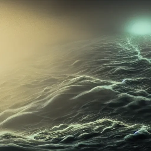 Prompt: top down view of an alien sea serpent emerging from a deep ocean during a storm, cinematic lighting, dramatic, masterpiece, trending on artstation