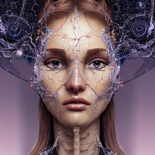 Prompt: very beautiful woman integrating with technology, full face frontal centered, portrait, insipiring, detailed intricate ornate cables connected to head, big open electric eyes, luxurious detailed abundent wiring and implants, renaissance, sci - fi, detailed technology background with cyber flowers and insects, highly detailed, artstation, 8 k,