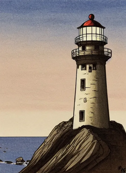 Image similar to a painting of a lighthouse on top of a mountain, concept art by moebius, featured on deviantart, shin - hanga, concept art, official art, high detailed