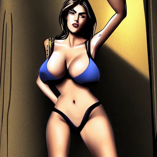 Prompt: mix of kate upton, yanet garcia, and salma hayek, attractive super spy infiltrating a base, digital comic art, full body shot, slim, tight fit, danger girl, sydney savage