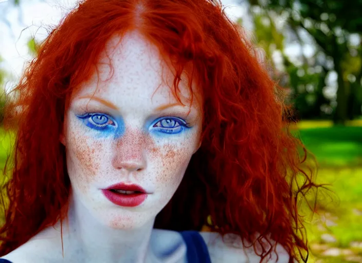 Image similar to award winning 8 5 mm close up face portrait photo of a redhead with deep red hair, freckles and blue eyes in a park by luis royo.