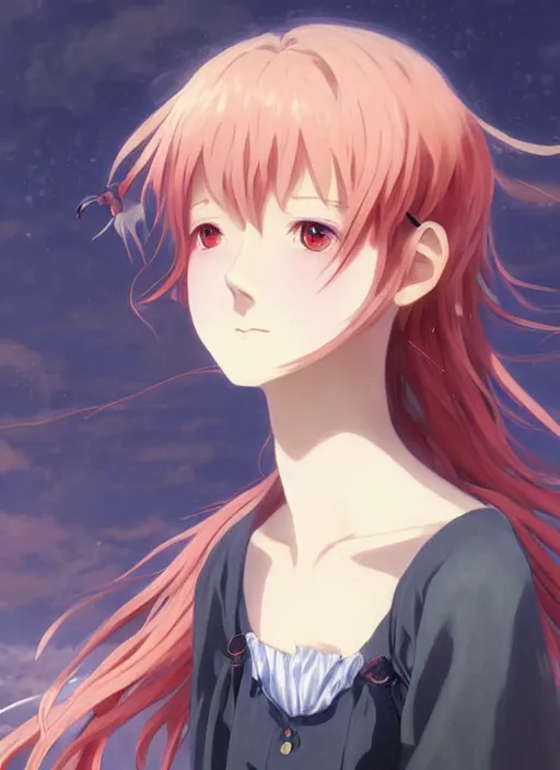 Image similar to Painting of a cottagecore witch with strawberry hair in the style of Violet Evergarden, beautiful anime art style, winged eyelashes, countryside, calm, fantasy character portrait, dark outlines, dynamic pose, above view, sunny day, artwork by Makoto Shinkai, very coherent asymmetrical artwork, sharp edges, perfect face, simple form, 100mm