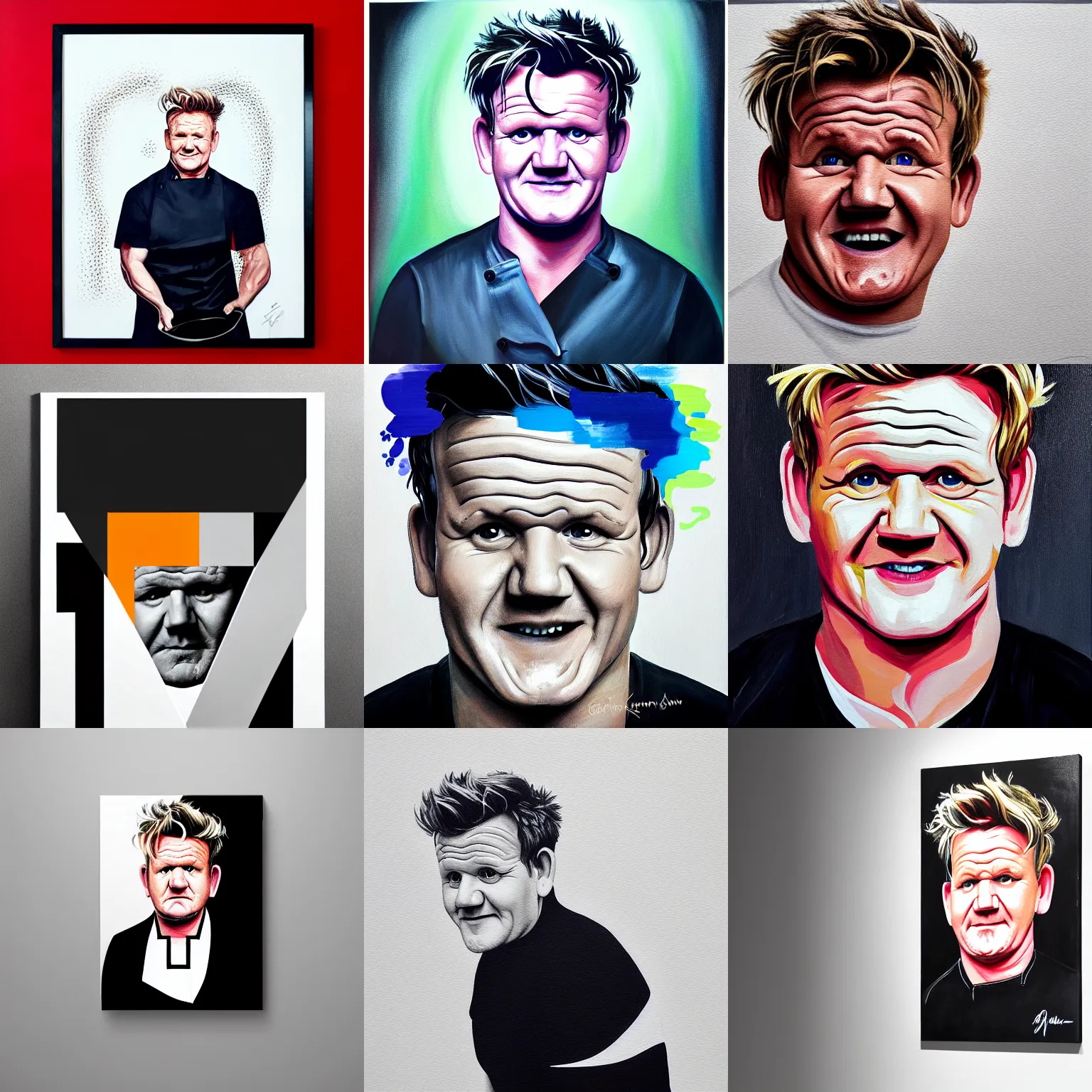 Prompt: a painting of a gordon ramsay on a white wall, an ultrafine detailed painting, behance contest winner, geometric abstract art, angular