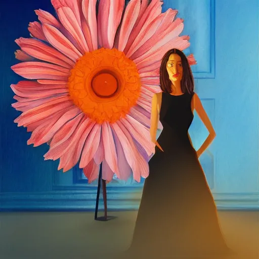 Image similar to giant flower head, woman standing in a luxury apartment, surreal, dramatic light, impressionist painting, digital painting, artstation, georgia o'keeffe