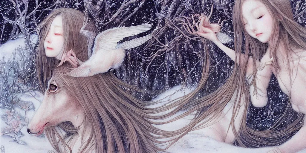 Image similar to breathtaking delicate detailed concept art winter creatures blend, by miho hirano, bizarre compositions, exquisite detail, pastel colors, 8 k