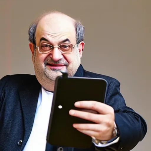 Image similar to selfie of salman rushdie with phone