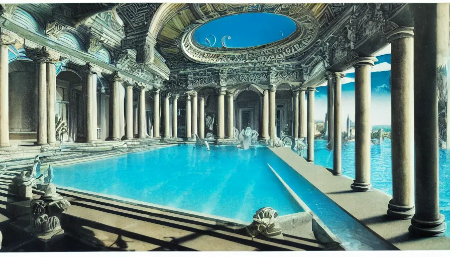 Prompt: A 1985 magazine architecture photo of a pool inside the giant Palace, mediterranean balustrade and columns, refracted lines and sparkles, thunderstorm, greek pool, beach and Tropical vegetation on the background major arcana sky and occult symbols, kitchen by paul delaroche, hyperrealistic 8k uhd, award-winning, 1985