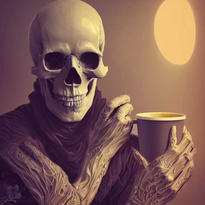 Prompt: portrait of skull, drinking coffee. intricate abstract. intricate artwork. by tooth wu, wlop, beeple, dan mumford. octane render, trending on artstation, greg rutkowski very coherent symmetrical artwork. cinematic, hyper realism, high detail, octane render, 8 k, iridescent accents