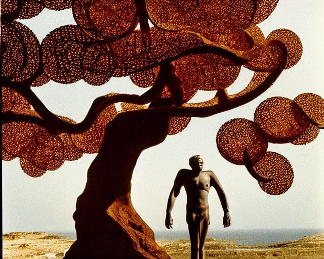 Image similar to by bruce davidson, by andrew boog faithful redscale photography evocative. a beautiful carved kinetic sculpture of a gold and obsidian brutalist exploded humanoid diagram tree of evolution - like creature, standing in front of a castle atop a cliff.