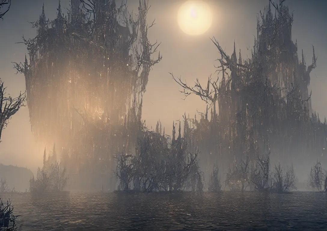 Image similar to the golden spires of the carcosa palace are illuminated by huge black sun, and the lake reflecting yhtill's remnants curled gunsmoke. 8 k, bloodborne cg style, unreal engine 5