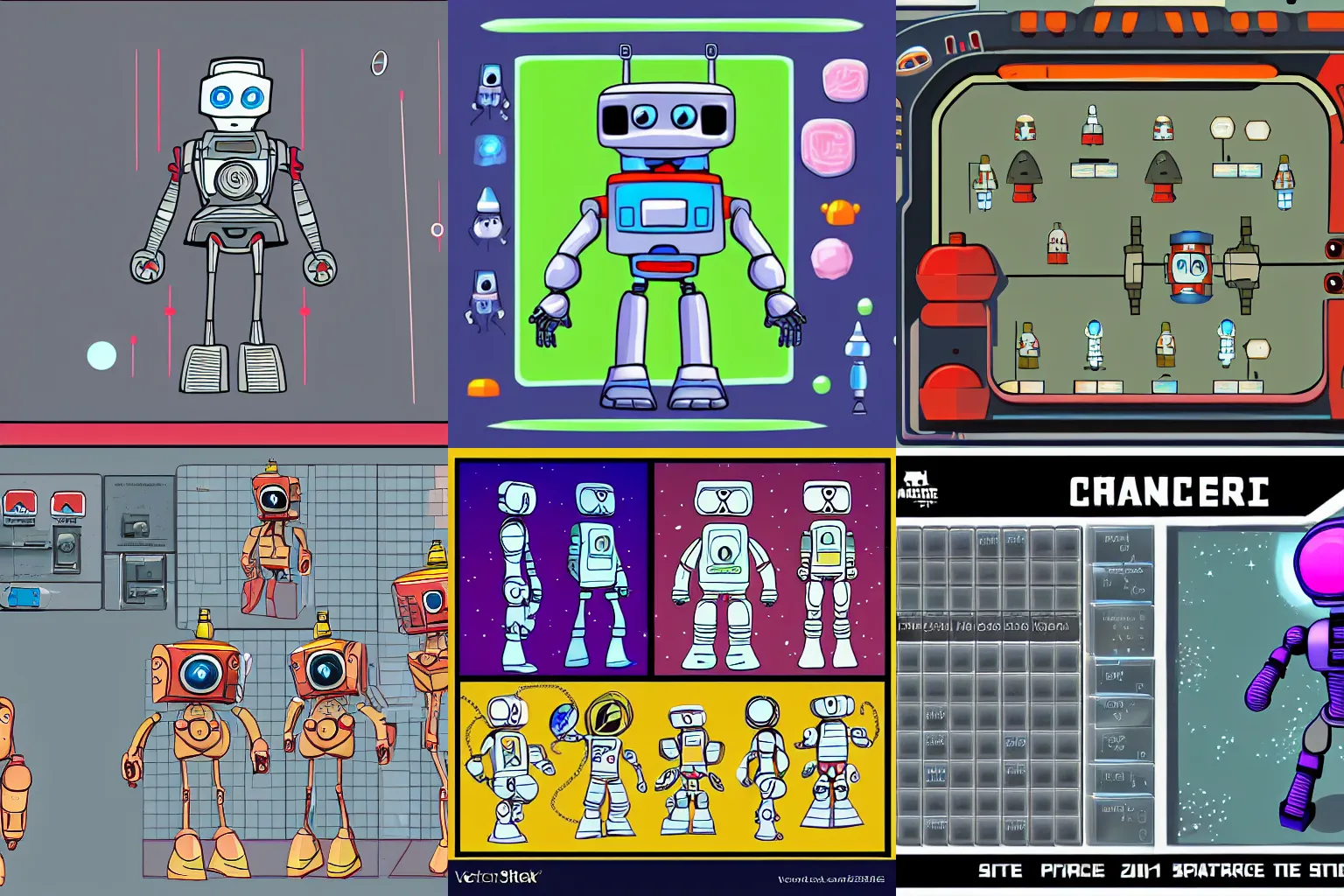 Prompt: character sheet of a cute robot, front view, side view, back view, from a space themed Sierra point and click 2D graphic adventure game, made in 2019, high quality graphics