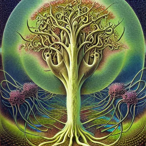 Image similar to tree of life by roger dean and andrew ferez, art forms of nature by ernst haeckel, divine chaos engine, symbolist, visionary, art nouveau, botanical fractal structures, organic, detailed, realistic, surreality