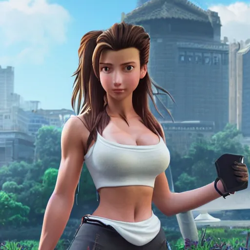 Prompt: aerith gainsborough with gains from the gym. high detail sharp detail 4k UHD v-ray artwork, official media