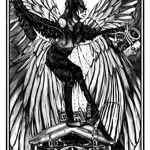 Image similar to precisely drawn illustration o flying harpy, old-fashioned tarot card, victorian playing card, sepia tone, wide angle, sharp, fine details, French comic style, cyberpunk, intense line art, 8k, precise linework, realistic, shaded lighting by katsuhiro otomo ghost-in-the-shell, magali villeneuve, artgerm, rutkowski Jeremy Lipkin and Giuseppe Dangelico Pino and Michael Garmash and Rob Rey and Moebius