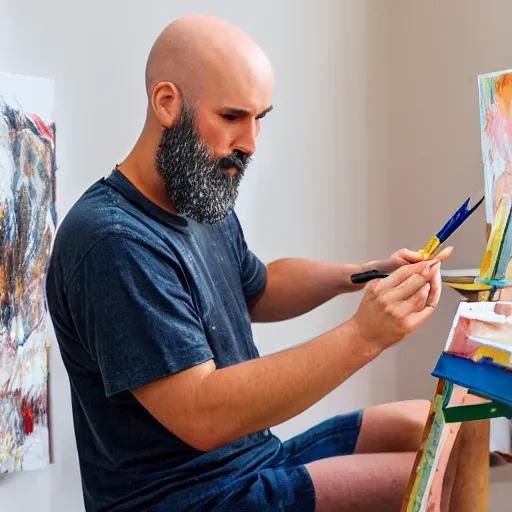 Image similar to a bald man with a beard meticulously painting an anime girl figurine in his basement