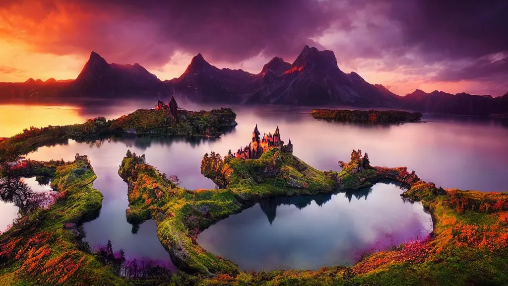 Image similar to amazing landscape photo of a fairy castle with lake in sunset by marc adamus, beautiful dramatic lighting