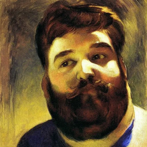 Prompt: portrait of a chubby bearded young man glowing with silver light, painting by Franz Marc, by Jean-Léon Gérôme, by Winsor McCay, today's featured photograph, 16K