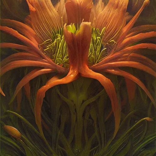 Image similar to a lily | highly detailed oil painting, hyperrealistic, very intrincate | cinematic lighting, award - winning | by rachel ruysch, giger, beksinski and bocklin | by austin osman spare and william blake, trending on artstation, cgsociety, official art, octane.