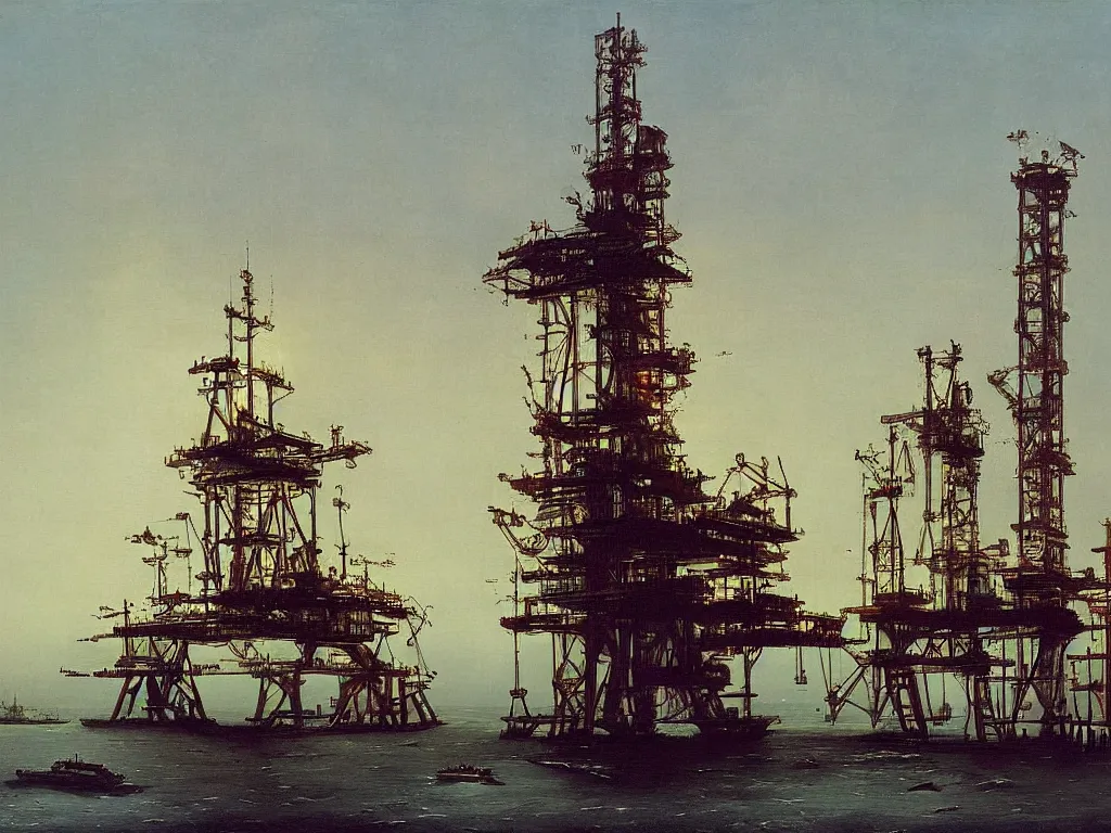 Prompt: an futuristic oil platform by carl spitzweg