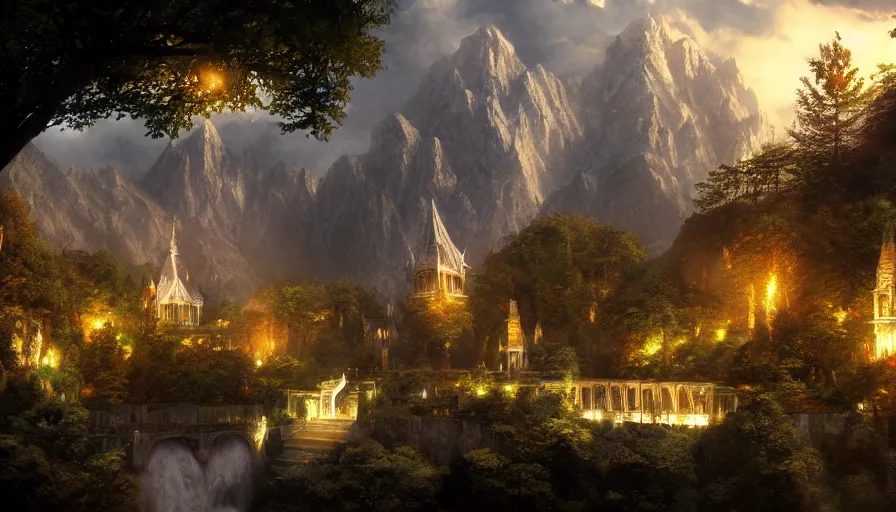 Image similar to Rivendell, the famous elven city, build by Elrond, realistic artwork, artstation, atmospheric lighting