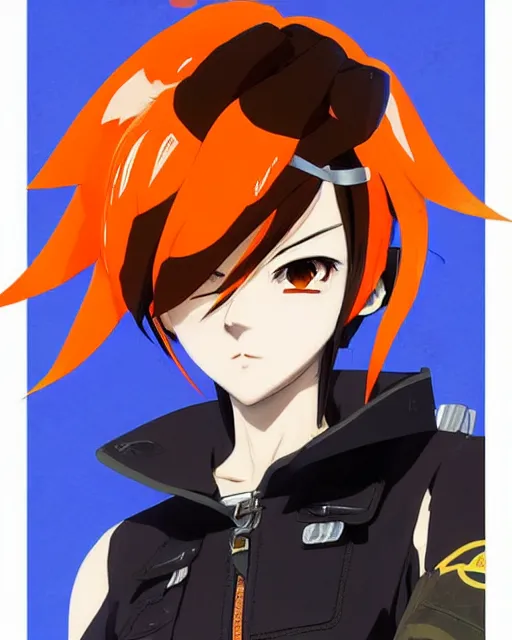 Image similar to Anime as Tracer Overwatch wearing leather-coat; in mask-orange-coloured || cute-fine-face, pretty face, realistic shaded Perfect face, fine details. Anime. realistic shaded lighting poster by Ilya Kuvshinov katsuhiro otomo ghost-in-the-shell, magali villeneuve, artgerm, Jeremy Lipkin and Michael Garmash and Rob Rey as Overwatch Tracer cute smile