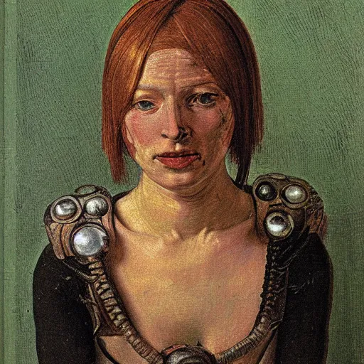 Prompt: a portrait of a female android by ford madox brown