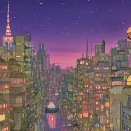 Image similar to a city at night, 4 k, studio ghibli