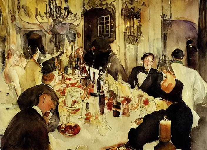 Image similar to gentlemens dinner, singing, roaring twenties, cellar, masterpiece, torches on wall, meat, wine, schnapps, watercolor by anders zorn and carl larsson, art nouveau