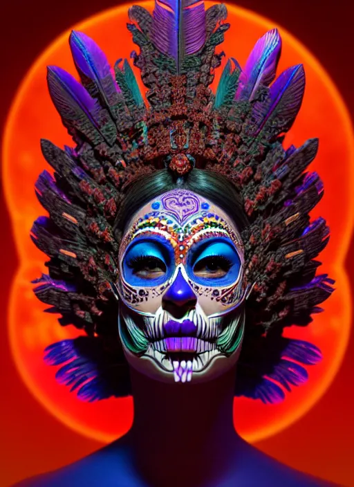 Image similar to 3 d mexican goddess profile portrait. beautiful intricate highly detailed day of the dead mask and feathers. low - key lighting, bioluminescent, plasma, lava, ice, water, wind, creature, quetzalcoatl, artwork by tooth wu and wlop and beeple and greg rutkowski, 8 k trending on artstation,