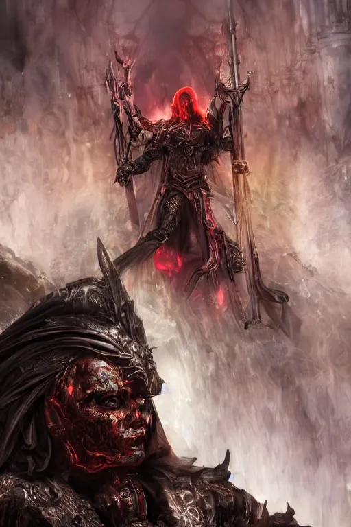 Image similar to Path of Exile, Sirius, clear [bronze] face, red eyes, male image with bronze black armor, sitting on the throne, inside the ruined gothic church, black shadows, red lasers, dark red bloody fog, black tornadoes fly around, [[blood]], Anachronism, painting, dark fantasy, steampunk, 4k, perfect quality,