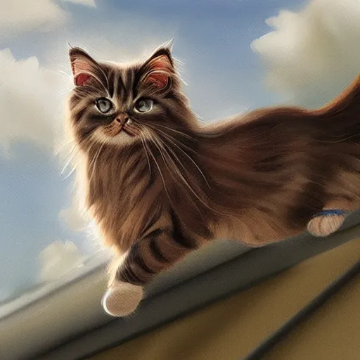 Image similar to a british longhair cat walking on the roof, by stanely artgerm