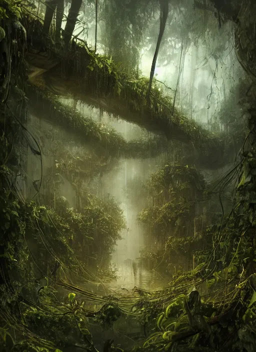Image similar to decayed aircraft carrier USS Nimitz laying on the ground overgrown with vegetation and hanging vines, post appocalyptic, tropical forest, by Luis Royo, by Greg Rutkowski, dark, gritty, intricate, cover illustration, concept art, volumetric lighting, volumetric atmosphere, sharp focus, octane render, trending on artstation, 8k