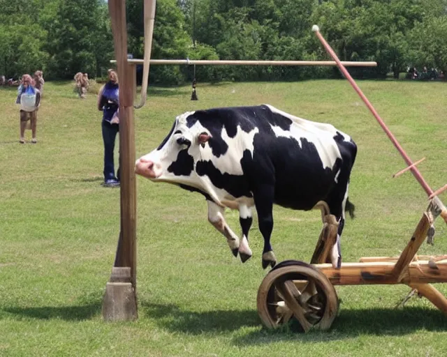 Image similar to A cow getting launched from a trebuchet