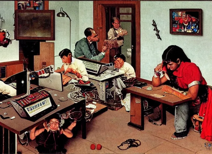 Prompt: Aztecs using computer at a lan house artwork by Norman Rockwell,