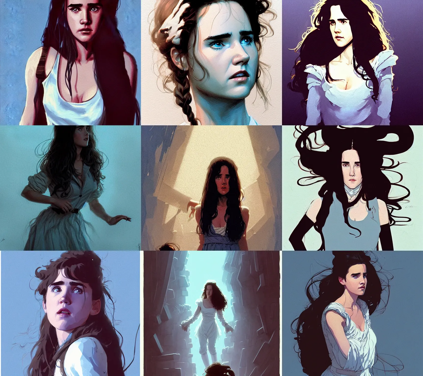 Prompt: young jennifer connelly in labyrinth ( 1 9 8 6 ), by atey ghailan, by greg rutkowski, by greg tocchini, by james gilleard, by joe fenton, by kaethe butcher, by ashley wood, dynamic lighting, gradient light blue, brown, blonde cream and white color scheme, grunge aesthetic