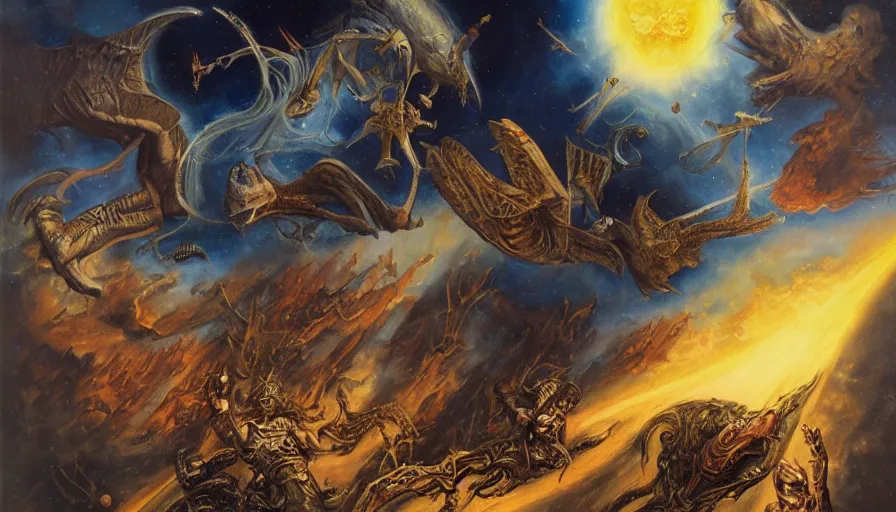 Image similar to dreams of apocalypse, art by manuel sanjulian and franz xaver kosler and james c. christensen